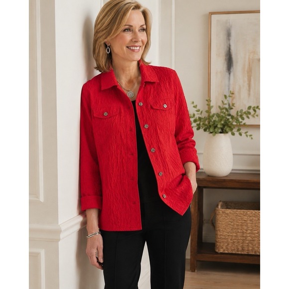 Chico's Tops - Chicos Size 1 Red Textured Jacquard‎ Button Front Jacket Shirt Top Women's
